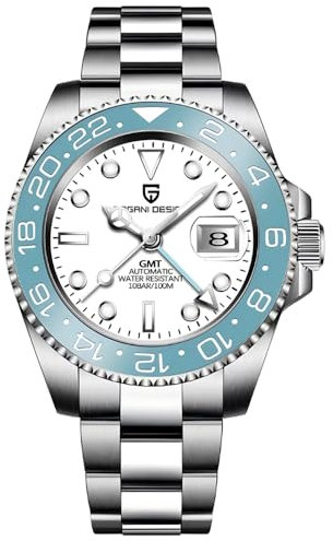 CADISEN Pagani Design 1662 GMT Herren-Automatikuhr, mechanisch, hochwertiger Edelstahl, Saphirglas, Taucher, Sport, Herrenuhr, 40 mm, Datum, 100 m wasserdicht, reloj Hombre, Himmelblau / Weiß