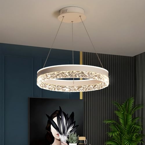 Aleaty Moderne Esstisch Kronleuchter Neuer High-End Restaurant Pendelleuchte LED Hängeleuchte Ring Hängelampe mit Kristallform Acryl Dimmbar Fernbedienung Einstellbares Rundes Deckenlampe (Weiß)