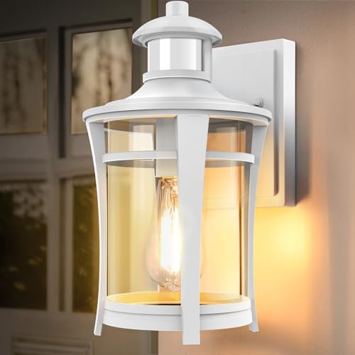 Lamomo Outdoor Wall Lights,Security Motion Sensor Lights Outdoor with Bulb,Waterproof Aluminum Dusk Till Dawn Outside Lights,3 Lighting Modes Wall Lantern Sconce with Sensor for Garden Doorway, White