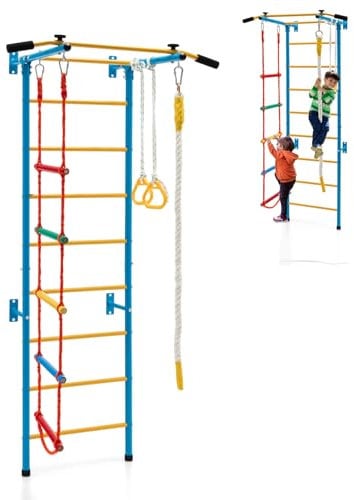 HOMASIS Klettergerüst Indoor, 5 in 1 Sprossenwand mit Klimmzustange, Turnringe, Strickleiter, Kletterseil, Metall Kletterwand Turnwand für Erwachsene & Kinder, Sportgeräte 100 kg belastbar (Blau+Gelb)
