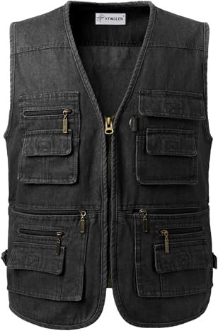 KTWOLEN Gilet di Jeans da Uomo Multi-Tasca Gilet Moto Giacca Denim Vintage Smanicato Jeans Giubbino da Lavoro con Cerniera, Nero, M