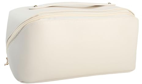 Reise Kosmetiktasche mit Reißverschluss, PU Leder Multifunktionaler Kulturtasche, Schminktasche Groß Kapazitä, Organizer für Toilettenartikel und Kosmetik (Weiß)