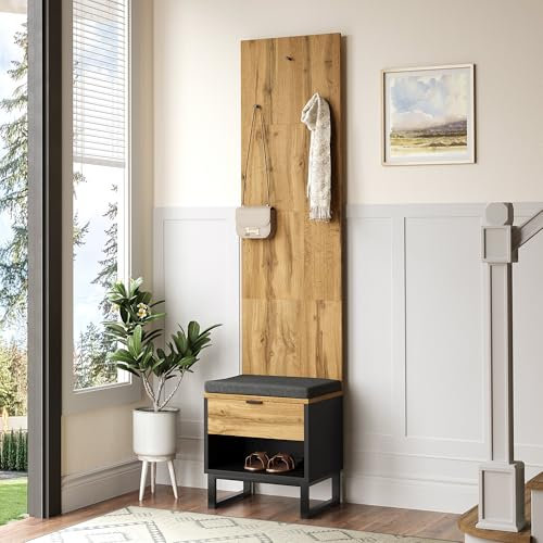 Zepneiy Porte Manteau avec tiroirs, Meuble d'entrée Multifonction avec Tabouret à Chaussures et Coussin, pour Salon et Salle de Bain, Naturel 210x38x50cm