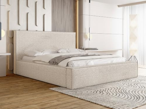 WFL GROUP Polsterbett 140x200 mit Bettkasten und Lattenrost – Creme Bett mit hohem Kopfteil, Boucle oder Samt Stoff - Modernes Doppelbett mit Stauraum – Bettgestell, ohne Matratze – Terra - Beige