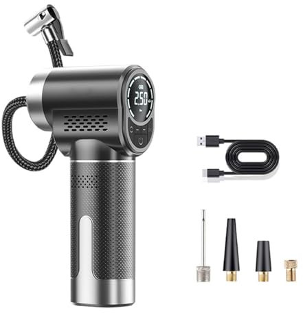 Cordless Tyre Inflator Air Compressor, Portable Rechargeable Battery 150PSI Portable Car Tyre Pump, 12V USB Electric Digital Tyre Pump with LED Light and 3 Nozzle Adaptors for Car, Bike, Motorbike