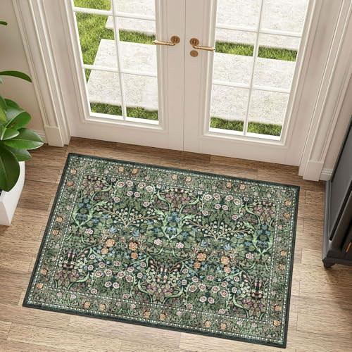 Othilic Floral Washable Entryway Rug - Green Soft Boho Bathroom Rug Non-Slip Front Door Mat Indoor Entrance Thin 2x3 Small Vintage Accent Throw Rugs for Bedroom Entryway Kitchen Bedside | Non-Slip Front Door Mat Indoor Entrance Thin Small Vintage Dark Moody Throw Rugs for Bedroom Entryway Kitchen Bedside Mudroom