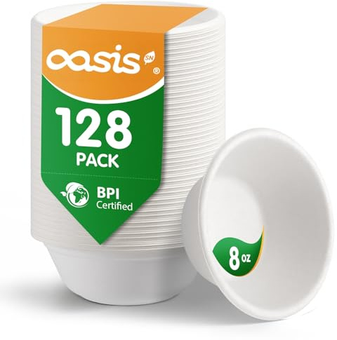 OasisSN 240ml (8 oz) 128 Pack Compostable Paper Bowls, Small Disposable Bagasse Bowls for Dessert, Cereal & Snacks, Heavy Duty, Microwave & Freezer Safe, Eco Friendly (White)