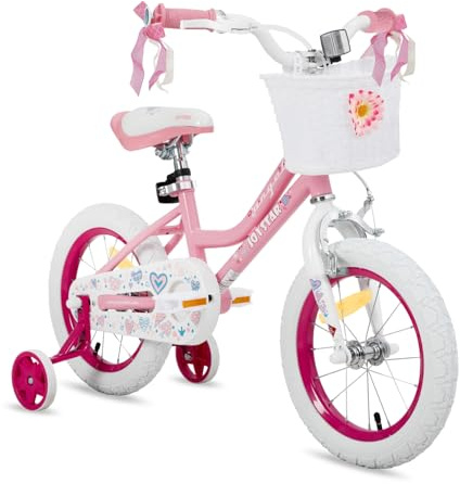 JOYSTAR Vélo 16 Pouces pour Filles de 4 à 7 Ans, vélo 16 Pouces pour Filles avec Roues stabilisatrices et Panier, Rose Clair
