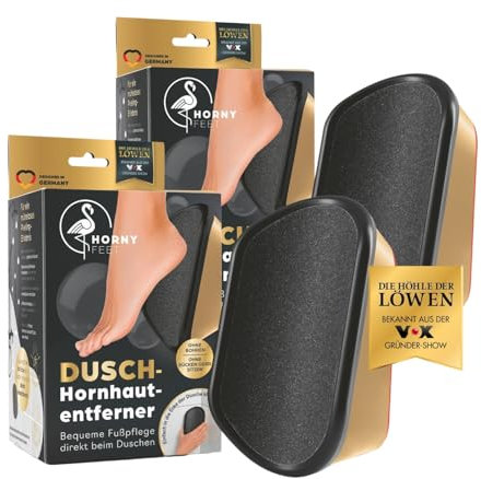 HornyFeet 2x Hornhautentferner für die Dusche | Extragroße Hornhautfeile für ein perfektes Ergebnis - hygienisch & langlebig | Bequem & einfach Hornhaut entfernen direkt beim Duschen [Gold]