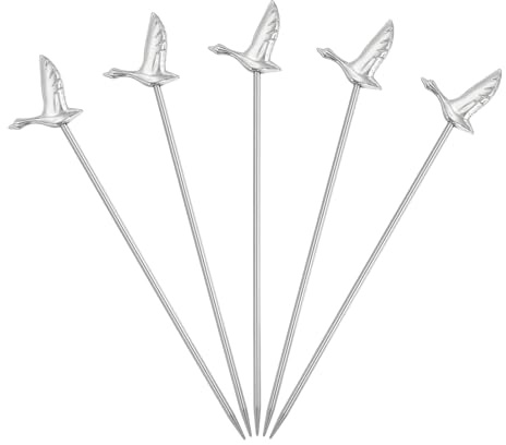 sourcing map 5 Pcs Stainless Steel Cocktail Picks, 4.1 Inch Martini Picks Fruit Sticks Metal Skewers Reusable for Drinks Olives Appetizers Fruit Decorative, Silver (Bird)