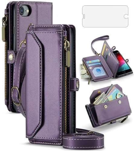 Phone Case for iPhone 7/8/SE 2020/2022 Zipper Wallet Cover with Screen Protector Flip RFID Blocking Card Holder Cell iPhone7 iPhone8 7s 8s i SE2020 SE2022 2/2nd/3/3rd Generation SE2 SE3 7SE 8SE Purple