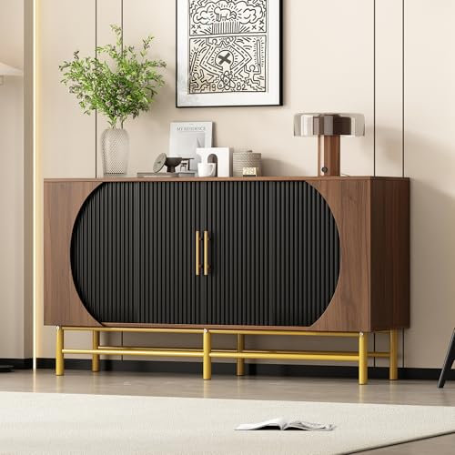 Jaxenor Sideboard Wohnzimmer mit Vier-Türen, Sideboard Schlafzimmer mit Vertikalen Streifen und Verstellbaren Ablageplatten, Minimalistisches Wohnzimmerschrank, Esszimmerschrank, Nussbaum