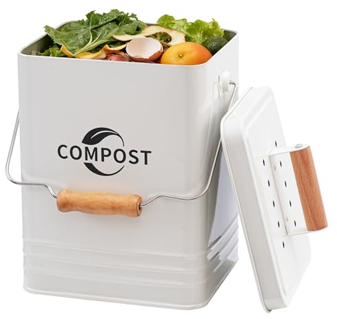 Candco Kitchen Compost Bin, 1.7 Gallon Countertop Compost Bin with Lid and Charcoal Filter, Kitchen Composter for Food Waste, Rust Proof Indoor Bucket, White