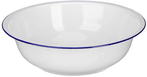 Weiße Rührschüssel Groß für Salat und Teig, Schüssel Tiefe Emaille | Vintage Stil, Glatte Oberfläche mit Blauem Rand, 1 Stück, Küche und Handwäsche