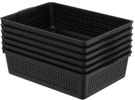 Vadidiya 6-Packs Rectangular A4 Storage Basket, Office Plastic Trays, Black | Weave Organizer Basket For Cupboards, Bathroom, Kitchen, Cupboard, Shelves
