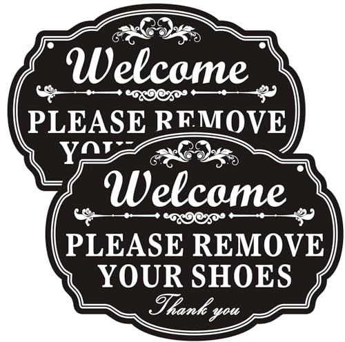 FKNSGR Please Remove Your Shoes Sign 2 Pack 10 x 7 inches Acrylic Black | Self-Adhesive Backing 25x18 cm 2 Pre-Drilled Holes UV Protected Weather Resistant Scratch Resistant For Home & Business