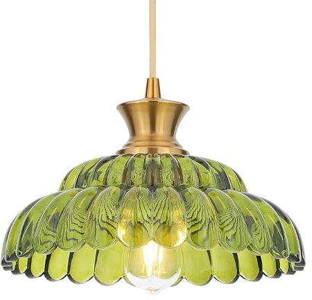 Luminaire suspension verre Vintage Fleur Lustre Cuisine Vert 30Cm E27 60W | Moderne Lustre Salon Douille Or Brossé,Lampe Suspendu Chambre Luminaires IntéRieur Salle à Manger Cuisine Couloir