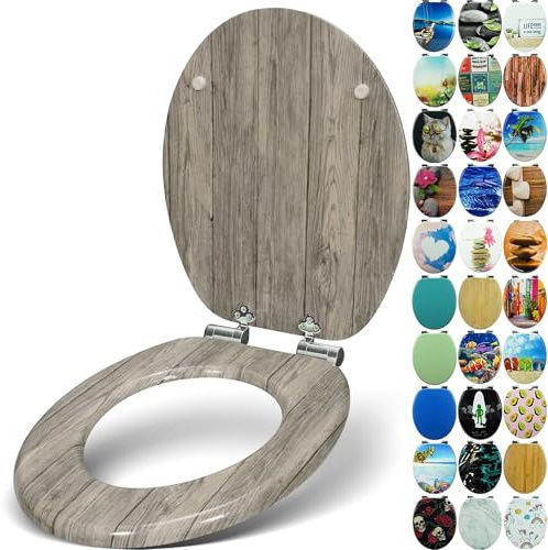 SANFINO® Premium WC Sitz mit Absenkautomatik – hochwertige Toilettendeckel aus Holz, viele bunte Motive, hoher Sitzkomfort, einfache Montage inklusive Montageanleitung – Grey Wood