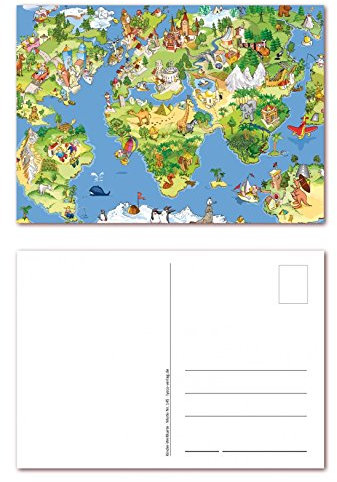 12 Stück Postkarten Wimmelbild schöne Weltkarte für Kinder, Ansichtskarte im DIN A6 Format (PKT-145)
