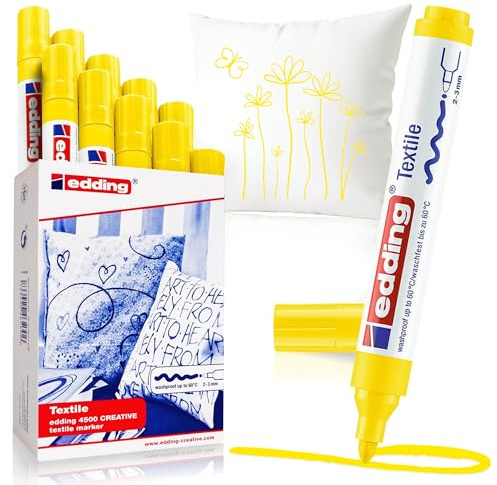 edding 4500 textile marker - yellow - box of 10 - round nib 2-3 mm - permanent fabric markers for drawing on textiles, wash-resistant up to 60 °C - marker pens for fabric lettering