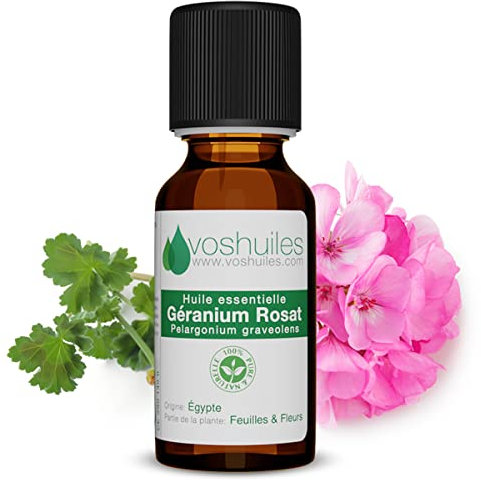 Huile Essentielle de Géranium Rosat - 100% Pure et Naturelle - HEBBD - Vertus Dermatologiques - Diluer dans Huile Végétale - Parfum Léger à la Rose - 10 ml - VOSHUILES