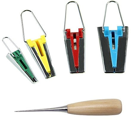 JZK Tissu biais fabricant ruban maker outil, avec un alêne, ensemble de 4 tailles 25 mm, 18 mm, 12 mm, 6 mm, outil de quilting couture accessoire gadget