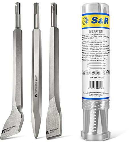 S&R Bohrhammer Meißel-Set SDS-plus, 3-teilig, robust und hitzegehärtet – Flachmeißel, Fliesenmeißel, Spitzmeißel für Beton, Mauerwerk, Ziegel und Asphalt – Werkzeug-Stahl, universell für Bauwerkstoffe