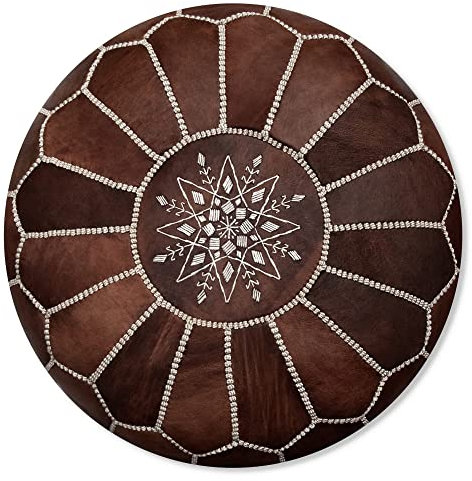 Marokkanischer Echtleder Pouf - Holz Braun - Handgefertigt - gefüllt geliefert - Ottoman Sitzsack Fußhockr