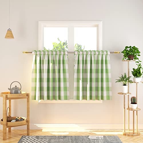 NATUS WEAVER Buffalo Tier Curtains 30 inch Length Plaid Gingham Rod Pocket Short Window Small Kitchen Cafe Curtain Bathroom Window Curtains 2 Panels Green & White