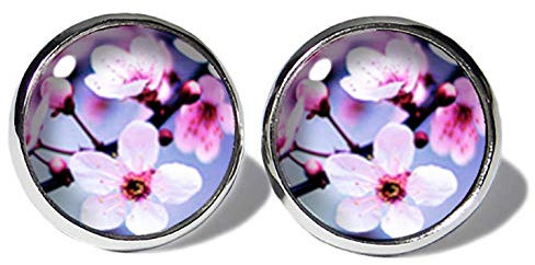 Kirschblüten Lila-Rosa Ohrstecker ABOUKI Damen Mädchen Kinder Edelstahl Ohrschmuck Motiv Sakura Blüte Kirschbaum handgefertigte Ohrringe silber-farben