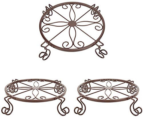 TENRIOS Metal Plant Stands for Flower Pot Heavy Duty Potted Holder Indoor Outdoor Rustproof Iron Garden Container Round Supports Rack for Planter 3 Pack (Bronze)