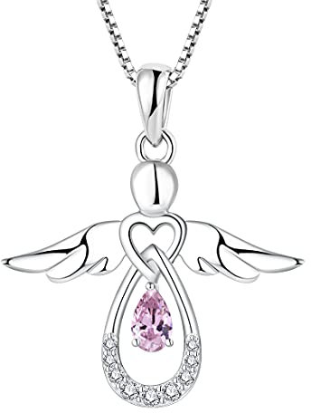 FJ Damen Kette Schutzengel Anhänger Halskette 925 Sterling Silber Engel Kette Rosa Turmalin Oktober Geburtsstein Halskette Schmuck Geschenke für Frauen Mädchen