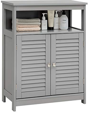 COSTWAY Meuble de Rangement pour Salle de Bain, Meuble en Bois sur Pieds avec Double Porte à Volets et Étagère Réglable, pour Salle de Bain, Salon, Chambre (Gris)
