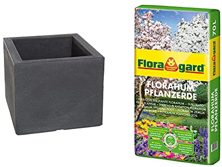 Dehner Blumenkübel Palermo, Schieferoptik, ca. 50 x 50 x 40 cm, Kunststoff, anthrazit & Floragard Florahum Pflanzerde 70 L • Universalerde • für Blumenbeete, Stauden, Sträucher, Gehölze