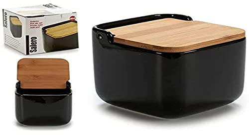 Bigbuy Home S3600640 Salero con Tapa Negro, 11.5 x 11 x 12 cm