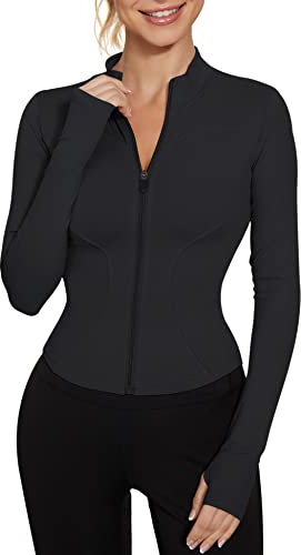 LUYAA Chaqueta de entrenamiento negra para mujer, chaqueta atlética con cremallera completa, ropa activa, tops recortados, talla S