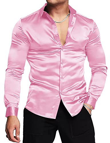 URRU Camicia da uomo in seta lucida di lusso come abito in raso manica lunga casual slim fit muscolare button up camicie, Rosa, S