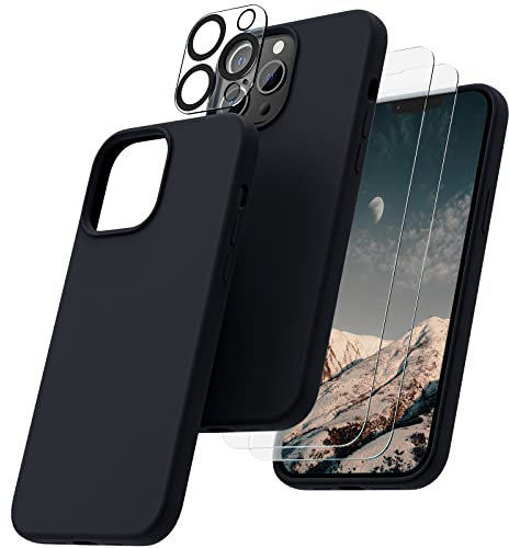 OIIAEE [5-in-1 Designed for iPhone 13 Pro Max Case 6.7 , with 2 x Screen Protector & 2 x Camera Protector, Soft Liquid Silicone Gel Rubber Slim Shockproof Cover with Microfiber Lining, Black