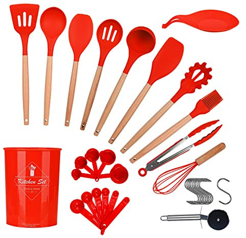 ONATISMAGIN Kitchen Utensils Set, 35pcs Non-Stick Silicone Cooking Utensils Set, Heat Resistance Cooking Tools, Kitchen Tools Gadgets Accessories, Spoons Spatula Set with Wooden Handle (Red)