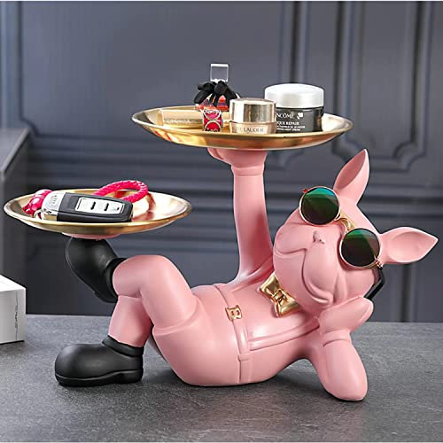 Jannlimt Bandeja de Estatua de Bulldog Francés para Entrada, Pasillo, Vaciado - Escultura de Bolsillo Decorativa de Resina Rosa