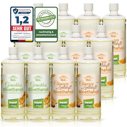 KieselGreen Bioethanol 12 x 1 Liter Sets (6X Geruchlos + 6X Duft) für Ethanol-Kamin - Bio Ethanol als Raumduft, viele Duftnoten (6X Geruchlos + 6X Orange Zimt)