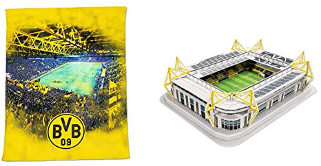 Borussia Dortmund BVB-Fleecedecke mit Stadionprint, 150x200cm & BVB-3D-Stadionpuzzle, 500 Teile