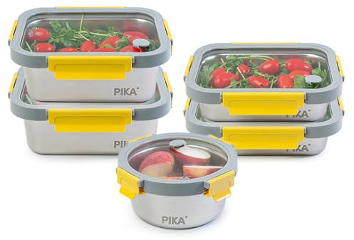 PIKA - Recipiente hermético para alimentos de acero inoxidable y tapa de cristal templado – ligera – Compatible con microondas, horno, congelador – MetalShock (Set de 3 : 650ml + 2x 820ml + 2x1200ml)