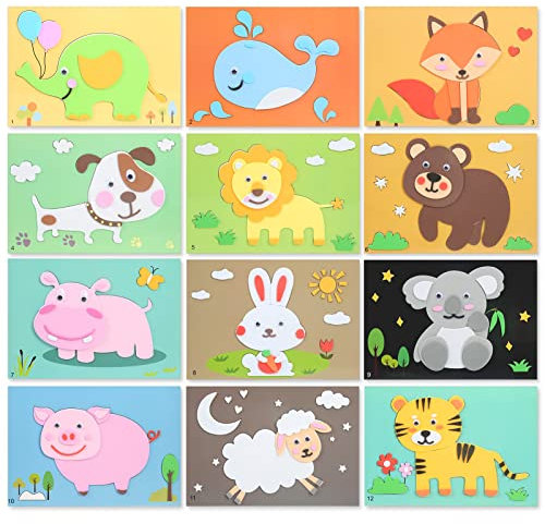 12 Stück Mosaik Bastelsets Aufkleber Dschungeltiere für Kinder,3d-Aufkleber Diy Kinder Tier Handgemachte Aufkleber,Selbstklebende Cartoon-Schaum-Puzzle,Kunsthandwerk für Jungen und Mädchen