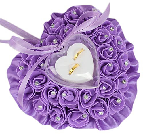 Wambere Hochzeit Ringkissen,Ringkissen Gastgeschenk Ringkasten Hochzeit Ringbox Hochzeitsringkissen,romantische Rosen-Herzform, Hochzeits-Ringkissen, Geschenk-Halter, Deko,18x19cm,Lila