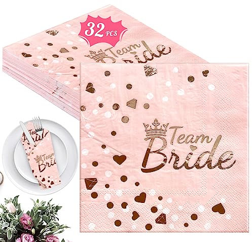 Servietten Team Bride, 32 Stück Rosegold Papierservietten 3-lagig JGA Cocktailservietten, Rosa Gold Team Braut Serviette Papier Set für Mädchen Frauen Hochzeit Abschieds-Junggesellenparty Tischdeko