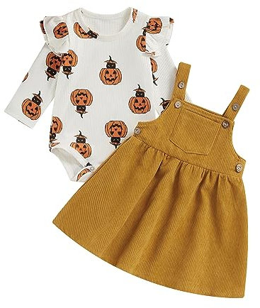 Saeevima Baby Mädchen Halloween Bekleidungsset Lange Ärmel Kräuseln Schulter Kürbis Geister Gedruckt Strampler Bodysuit Cord Tutu Kleid mit Trägern Baby Halloween Kleidung (Kürbis, 0-3 Months)