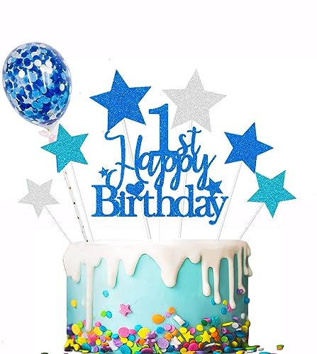 Elicola Happy 1st Birthday Cake Toppers Blue for Baby Boy,Happy Birthday Sign for Cake,Glitter Cupcake Toppers Cake Toppers 1st Birthday Cake Decorations for 1st Birthday Party Supplies