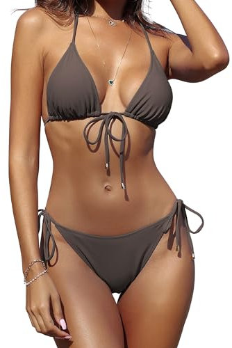 ZAFUL Triangel-Bikini-Set für Damen, zweiteiliger Badeanzug, hoher Schnitt, Neckholder, Bademode, Schnürung vorne, Badeanzug, Stringtanga, Tannenzapfen, Braun, XL
