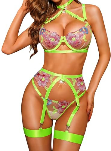 RSLOVE Femme Ensemble Lingerie en Dentelle Brodée Sexy Soutien-Gorge et Culotte avec Porte Jarretelles et Bague de Jambe 4 Pièces Vert Fluo S